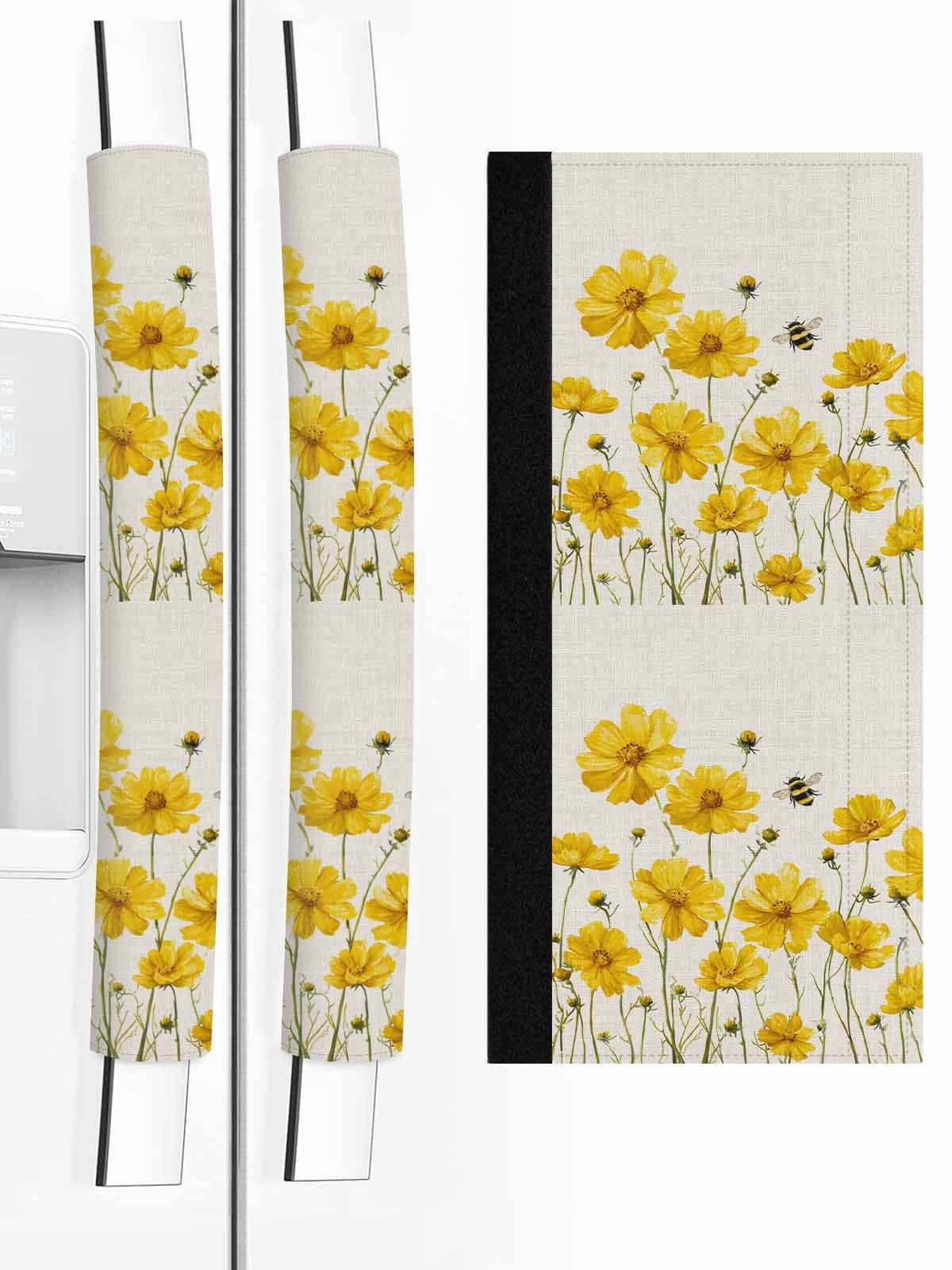 Yellow Floral Bee Refrigerator Door Handle Covers Set of 2, Summer Watercolor Botanical Flower Kitchen Fridge Microwave Oven Dishwasher Stove Cabinet Handle Protectors, Washable Appliance Decor