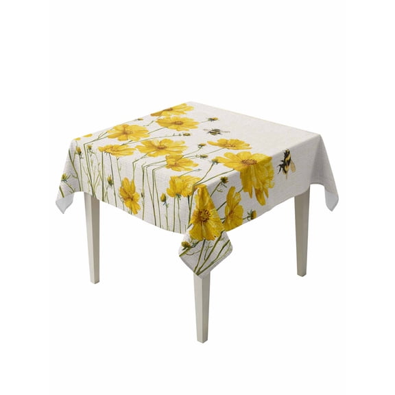 Yellow Floral Bee Table Cloth, Summer Watercolor Botanical Flower Waterproof Tablecloth for Square Tables, Reusable Washable Fabric Table Cover for Restaurant Kitchen Dining Tables 60"x60"