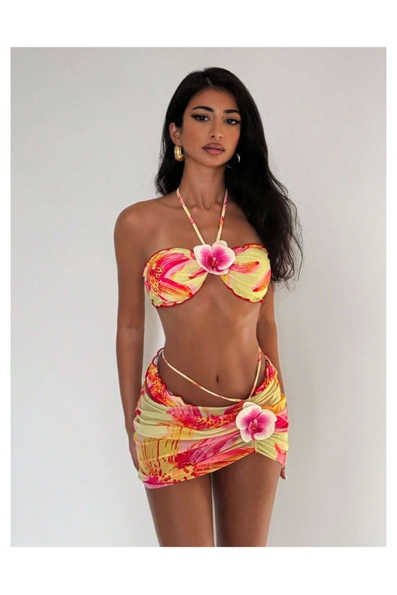 Yellow Floral Bikini Set Women, 3D Bloom Halter Swimsuit, High Waist Wrap Skirt Two Piece Bathing Suit Tropical Flower Beachwear XL