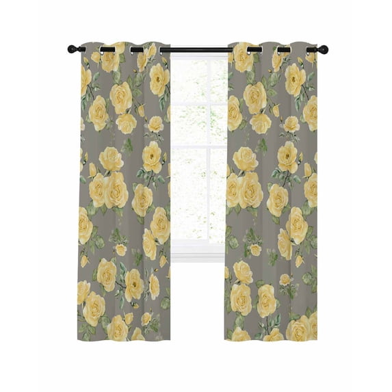 Yellow Floral Blackout Curtains, Light Blocking Print Window Curtains, Farmhouse Garden Flowers Botanical Thermal Insulated Window Drapes for Living Room Kitchen Cafe 2 Panels, 55"W x 39"L