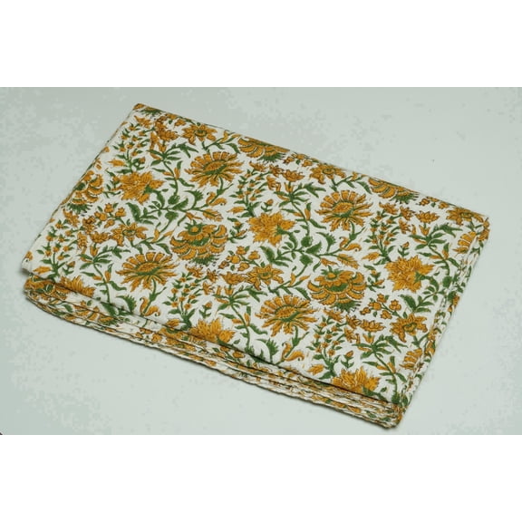 Ozark Textile Yellow Floral Block Print Indian Kantha Quilt Handmade Pure Cotton Bedding | Green Leaf Pattern Artisan Blanket