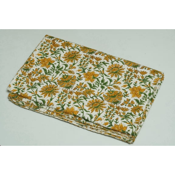 Yellow Floral Block Print Indian Kantha Quilt Handmade Pure Cotton Bedding | Green Leaf Pattern Artisan Blanket
