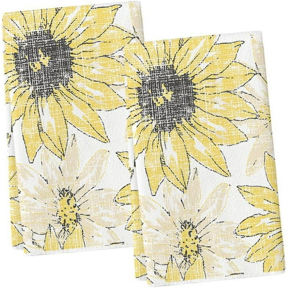 Yellow Floral Boho Kitchen Towels Dish Towels, 18x26 Inch Seasonal Spring Summer Decoration Hand Towels Set of 2