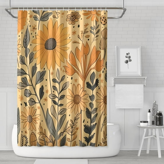 Yellow Floral Butterfly Bee Wildflower Shower Curtain 72x72, Boho Sunflower Design for Bathroom, Quick-Dry Polyester with Hooks, Country Rustic Farmhouse Vintage Look