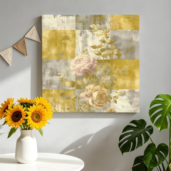 Yellow Floral Canvas Wall Art, Luxurious Gold White Floral Patchwork Plaid Framed Canvas Wall Decor Picture Print Artwork Decorations for Living Room Office Ready to Hang 10" x 10"