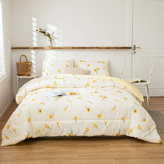 Yellow Floral Comforter Women Girls Bedding Set Lucky Clover Flowers Bedspread Fresh Botanical Garden Down Comforter Set