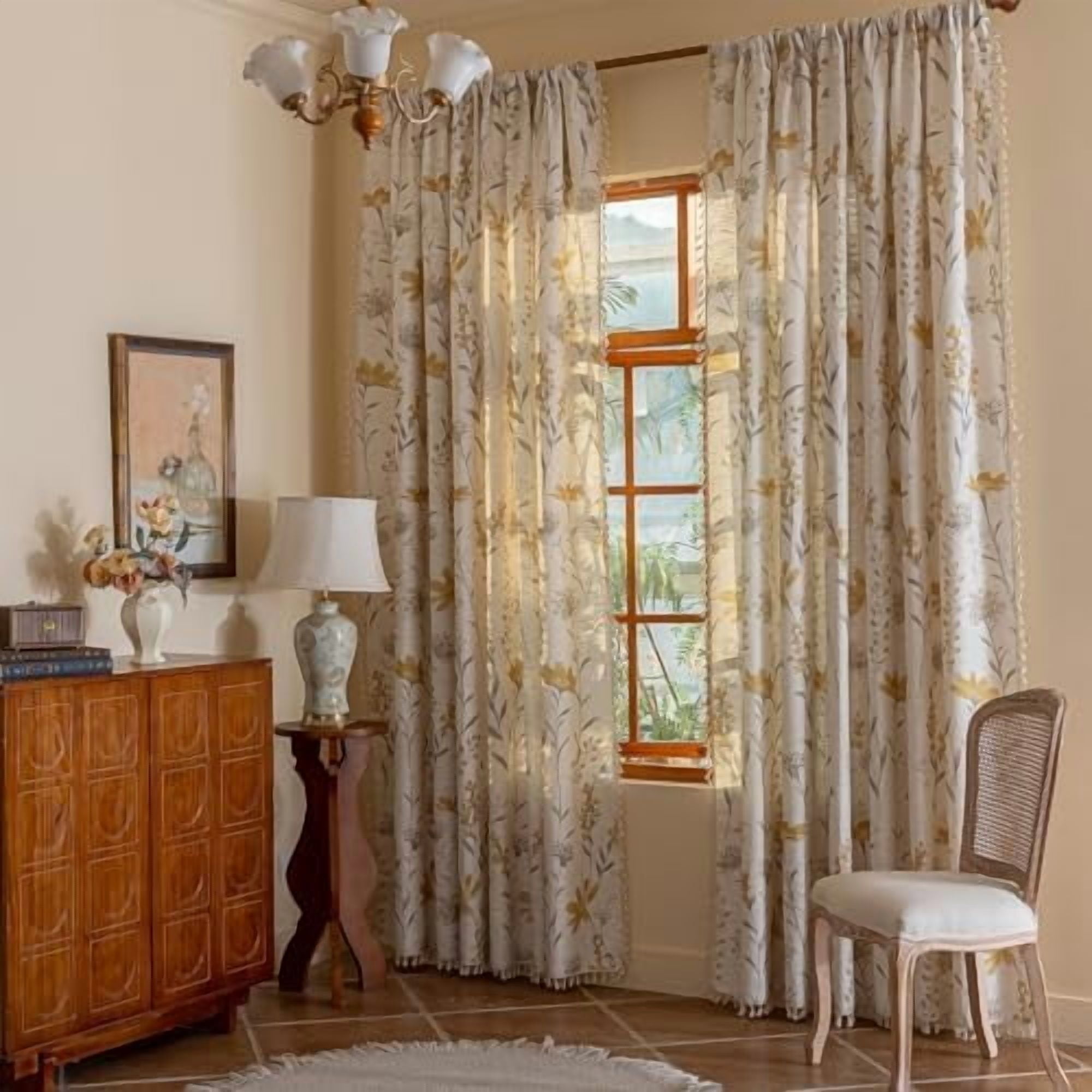 Yellow Floral Curtains 84 Inch Length 2 Panels Set Living Room Floor ...