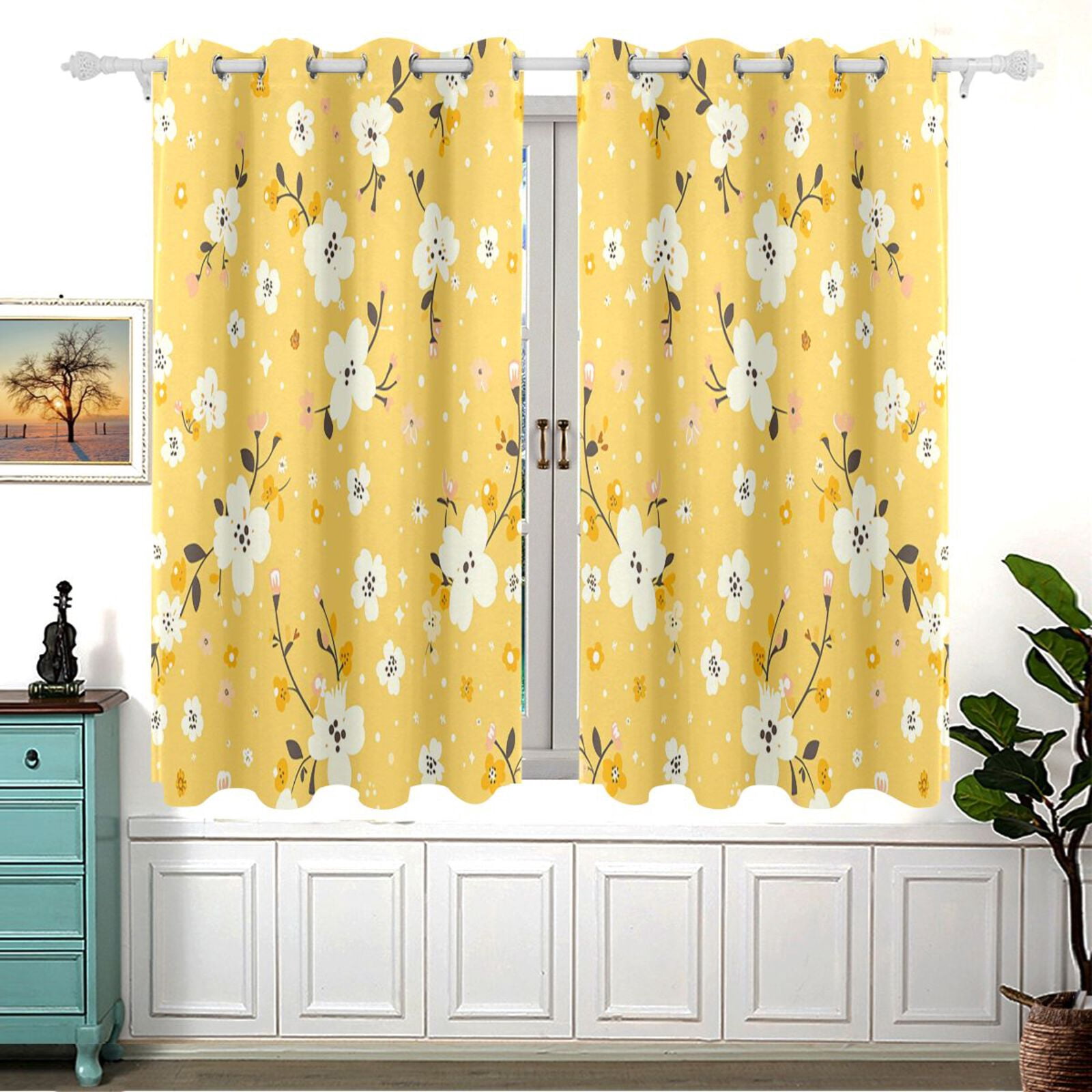 Yellow Floral Curtains Grommet Black Out 54 Inch Length Curtain Drapes ...