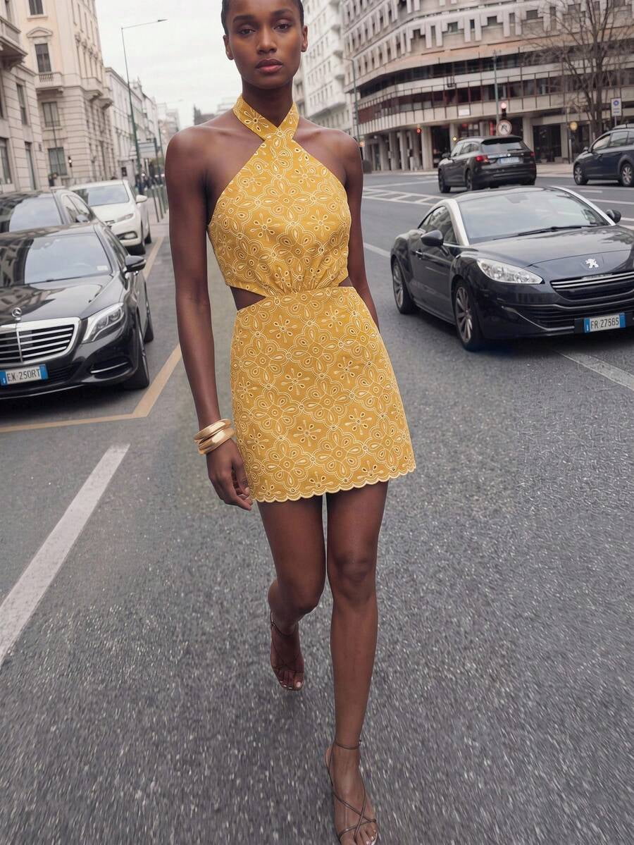 Yellow Floral Embroidered Halter Neck Cut-Out Mini Dress For Women, Boho Summer Beach Vacation Outfit
