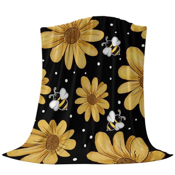Yellow Floral Fleece Throw Blanket Lightweight Vintage Daisy Farmhouse Bee Rustic Plant Summer Black Fuzzy Flannel Throws Super Soft Cozy Flannel Blanket for Couch, Sofa, Bed, Travel 50"x60"