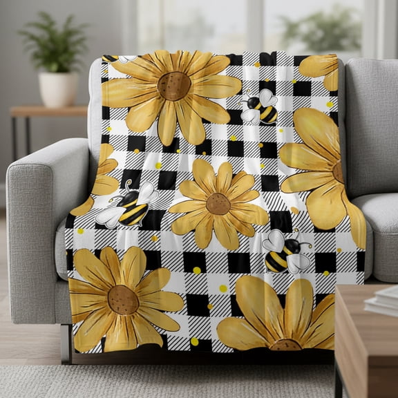 Yellow Floral Fleece Throw Blanket Vintage Daisy Country Bee Rustic Summer Black Plaid Ultra Soft Fuzzy Cozy Flannel Throw Blanket for Couch Sofa Bed Car Travel, Ideal Gifts 30x40 Inches