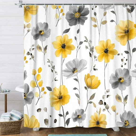 Yellow Floral Flower Shower Curtain, Boho Rustic Watercolor Yellow Grey Wildflower Botanical Polyester Waterproof Bathroom Shower Curtains Bath Decor Set,36Wx72H