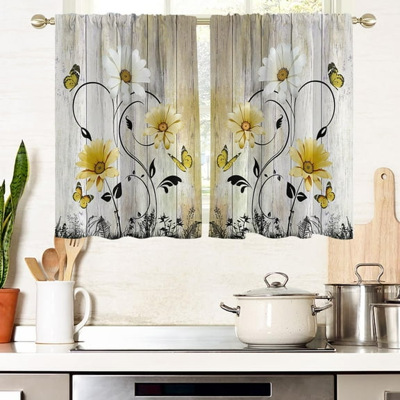 Yellow Floral Flower Window Curtains for Kitchen Abstract White Daisy Botanical Plant Small Short Home Living Room Bedroom Bathroom Drapes Treatment Tiers Fabric 1 Pair, 27.5" W x 39" L, Retro
