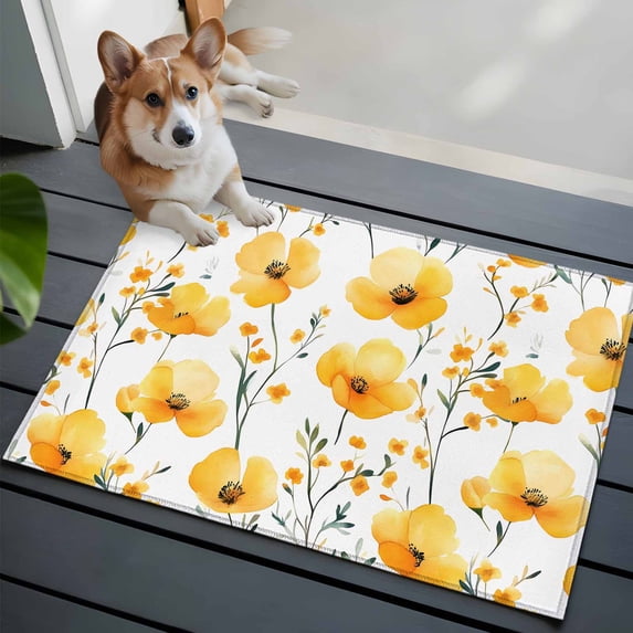 Yellow Floral Front Door Rugs 2x3 ft Spring Watercolor Herb Plant Small Rug for Entryway Non Slip Washable Bathroom Door Mat Absorbent Floor Mat for Indoor Entrance