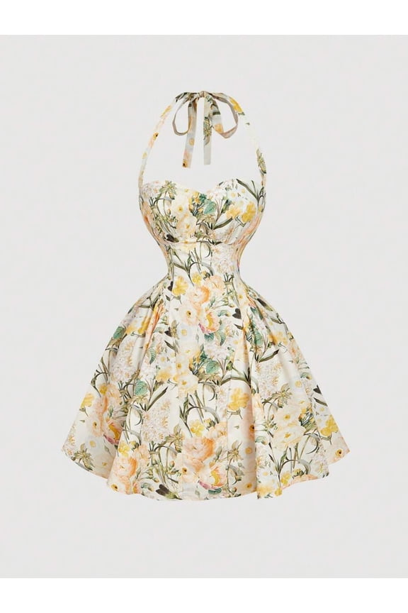 Yellow Floral Halter Dress With Slim Waist And Flared Skirt, Vintage Cottagecore Style For Summer Garden Parties