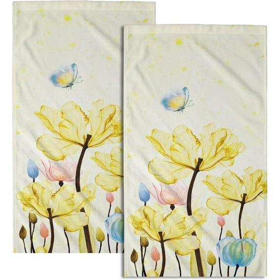 Yellow Floral Hand Towels Set of 2 Modern Flower Fingertip Towel Decorative Soft Washcloth Guest Towel for Bathroom Spa Gym Sport Hotel