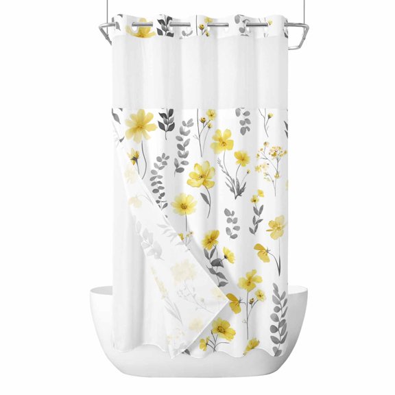 Yellow Floral No Hooks Shower Curtain with Snap-in Liner Gray Leaf Watercolor Botanical Spring Shower Curtains for Bathroom, Waterproof, Easy Install, Washable 36"x72"