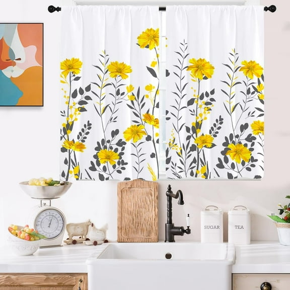 Yellow Floral Kitchen Curtains Mini 27.5'''' W x 39'''' L Boho Flowers Spring Gray Grey Leaves White Pattern Design Short Small Cafe Room Window Drapes Treatment Tiers Fabric 1 Pair