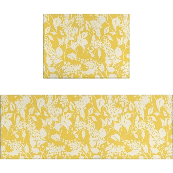Yellow Floral Kitchen Rug Mat Set 2 Piece Spring Flowers Kitchen Floor Mats Non Slip Washable Kitchen Rugs Yellow Kitchen Decor