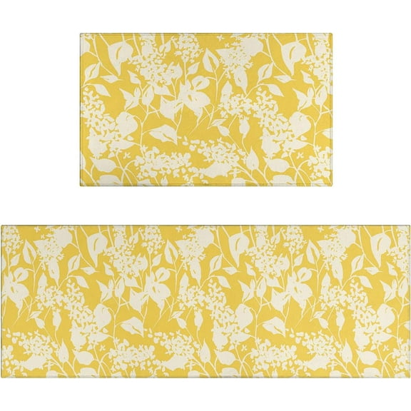 Yellow Floral Kitchen Rug Mat Spring Kitchen Rugs Sets of 2 Washable Kitchen Floor Mats Non-Slip Yellow Kitchen Decor