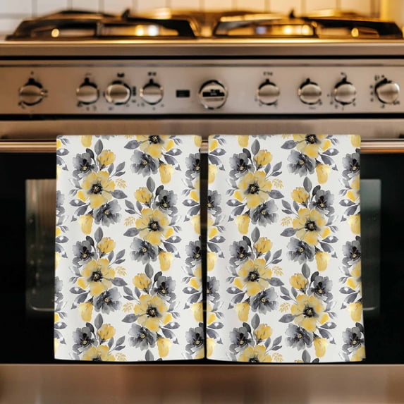 Yellow Floral Kitchen Towels Set of 3, Abstract Watercolor Flower Leaf Plant Absorbent Dish Towels for Kitchen, Microfiber Hand Towel, Quick Drying Tea Towel for Cleaning Decorative Dishcloths