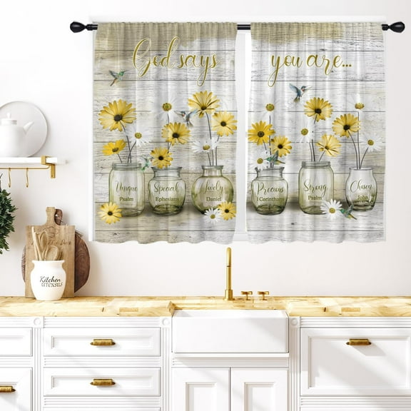 Yellow Floral Kitchen Window Curtains 27.5 x 39 Inch Small Short Mini Cafe Rod Pocket Farmhouse Rustic Country Daisy Living Bedroom Room Home Treatment Set of 2 Curtain Panels Drapes Tiers
