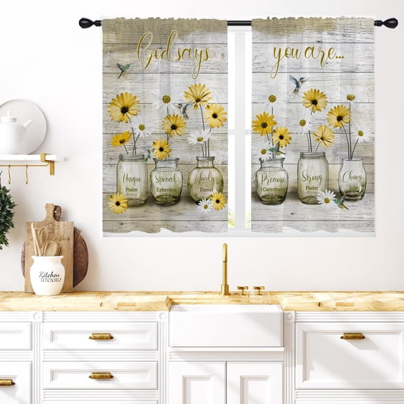 Yellow Floral Kitchen Window Curtains 27.5 x 39 Inch Small Short Mini Cafe Rod Pocket Farmhouse Rustic Country Daisy Living Bedroom Room Home Treatment Set of 2 Curtain Panels Drapes Tiers
