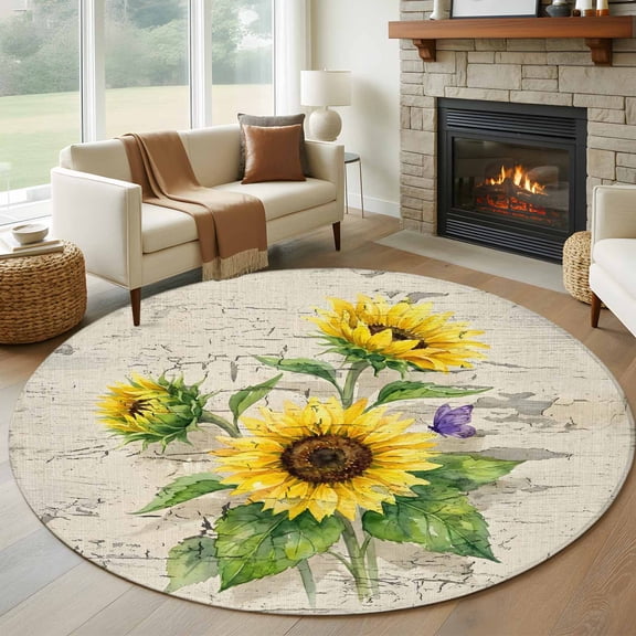 Yellow Floral Large Round Rug 8Ft Retro Sunflower Flowers Butterfly Mottled Circle Area Rugs Washable Non Slip Indoor Floor Mats Carpet for Living Room Bedroom Dining Room Home Decor