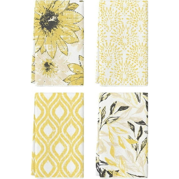 Yellow Floral Leaves Boho Kitchen Towels Dish Towels, 18x26 Inch Seasonal Decoration Hand Towels Set of 4