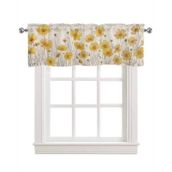 Yellow Floral Linen Curtain Valance for Bedroom/Bathroom/Kitchen/Office/Living/Dining Room Windows, Retro Daisy Flower Minimalist Plant Leaf Pocket Topper Drapes Decorative Cafe Drapery Panel 42"x18"