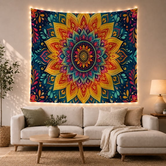 Yellow Floral Mandala Against Teal Leaves, Playful Boho for Art Lovers, Colorful Statement Decor, Housewarming Gift, Tapestry Wall Hanging for Bedroom and Studio