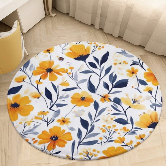 Yellow Floral Navy Pattern Round Area Rugs for Bedroom Living Room, 3FT Soft Comfy Indoor Circle Carpets, Carpet Home Decor Floor Mat