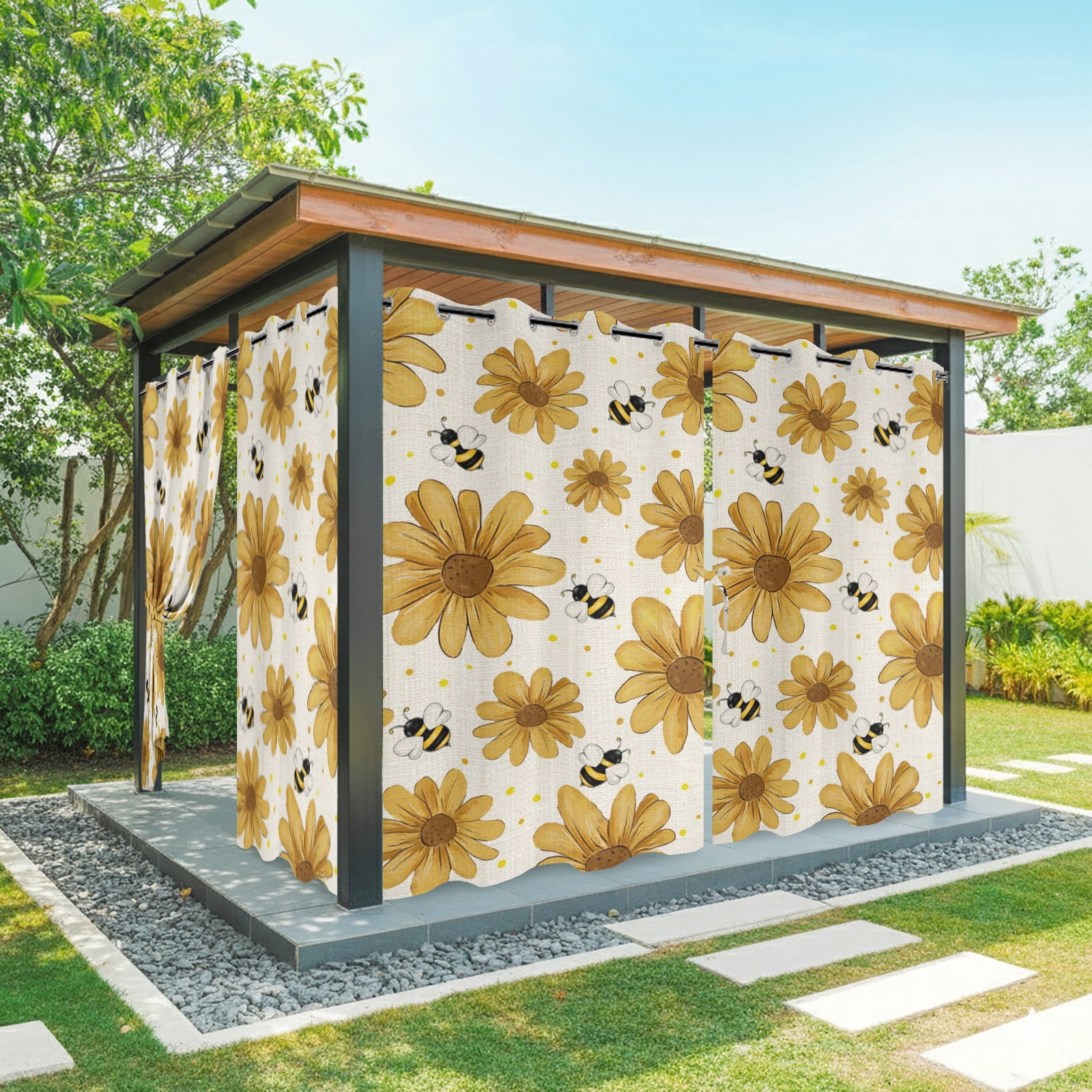 Yellow Floral Outdoor Curtains for Patio, Vintage Daisy Country Bee Rustic Plant Summer Sunshade Privacy Drapes Grommet Waterproof Outside Curtains for Porch/Cabana/Balcony 54"x 108", 1 Panel
