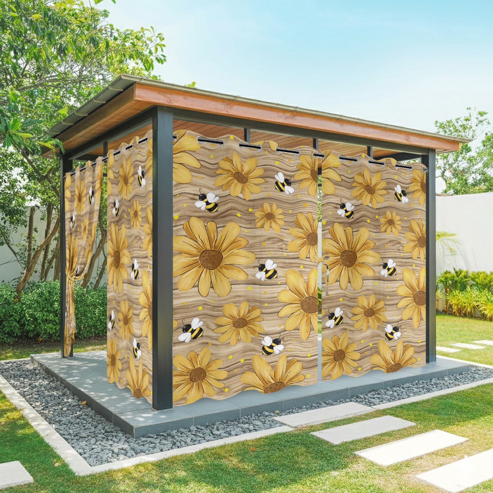 Yellow Floral Outdoor Curtains for Patio, Vintage Daisy Farmhouse Bee Rustic Plant Summer Sunshade Privacy Drapes Grommet Waterproof Outside Curtains for Porch/Cabana/Balcony 54"x 108", 1 Panel