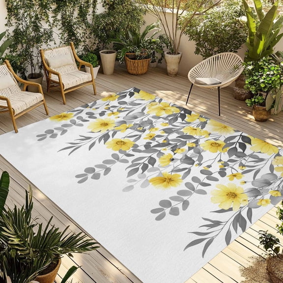 Yellow Floral Outdoor Rug for Patio/Deck/Porch, Non-Slip Large Area Rug 3 x 5 Ft, Farmhouse Spring Flowers Leaves Indoor Outdoor Rugs Washable Area Rugs, Reversible Camping Rug Carpet Runner