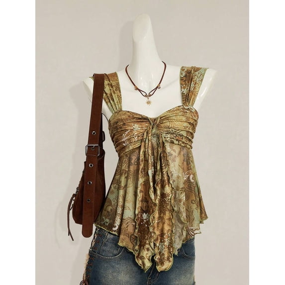 Yellow Floral Paisley Print Tie-Front Peplum Asymmetrical Mesh Hem Tank Top For Women