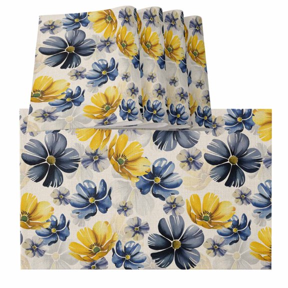 Yellow Floral Pastoral Pastel Blue Daisy Wildflower Burlap Kitchen Place Mats Waterproof Cloth Table Mats, Indoor Outdoor Placemats Easy Clean Dinner Decor
