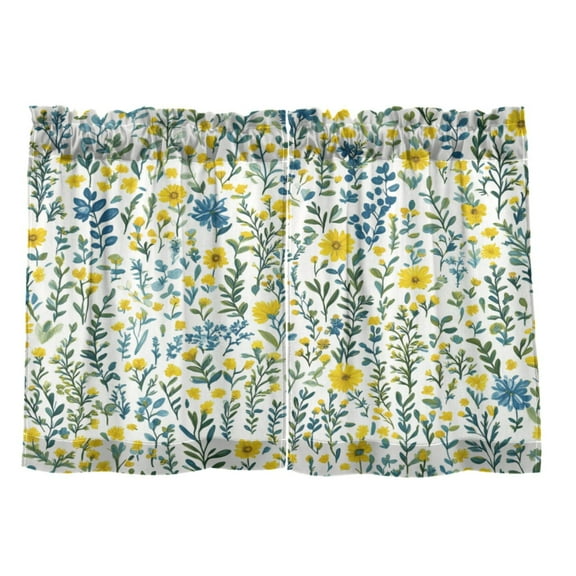 Yellow Floral Pattern 27"x24" Linen Look Cafe Curtain Set with Privacy and UV Protection