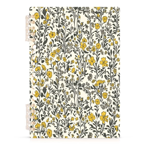Yellow Floral Pattern A5 8.3x5.7in PP Notebook, Adjustable Rings, 60 Sheets, Diary or Journey Note