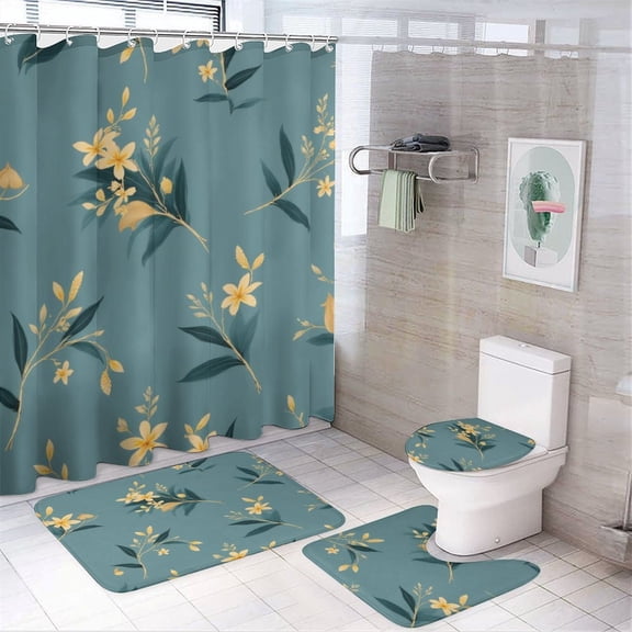 Yellow Floral Pattern on Teal Background Shower Curtain Set Modern Bathroom Decor Mats 4pcs Fabric Bathroom Curtain Slip Floor Rug Toilet Lid