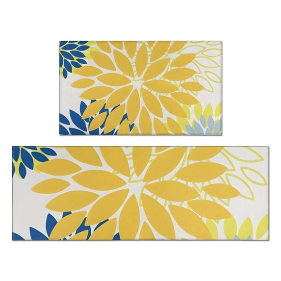 Yellow Floral and Petal Pattern Kitchen Rugs Sets Of 2,Anti Fatigue Kitchen Mat Rugs Non Slip Washable,Decorative Kitchen Floor Mats for Kitchen,Sink,Laundry,17"x30"+17"x47"