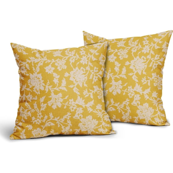 Yellow Floral Pillow Covers 16x16 Set of 2 Brown Cream Vintage Flower Block Print Pattern Decorative Throw Pillowcases Outdoor Rustic Farmhouse Square Cushion Cases Decor for Home Couch Sofa Bed