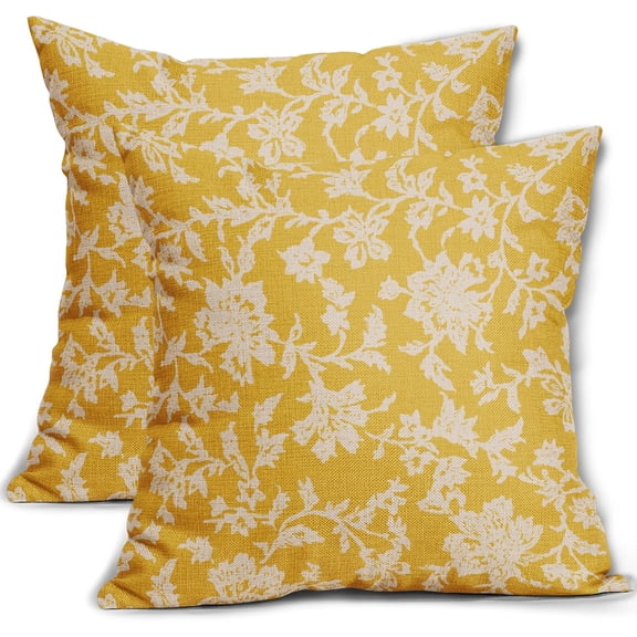 Yellow Floral Pillow Covers 18x18 Set of 2 Brown Cream Vintage Flower Block Print Pattern Decorative Throw Pillowcases Outdoor Rustic Farmhouse Square Cushion Cases Decor for Home Couch Sofa Bed