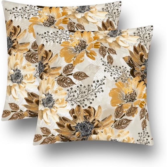 Yellow Floral Pillow Covers Set of 2 Vintage Grey Botanical Throw Pillow Cover Soft Accent Decorative Couch Cushion Cover for Bed Living Room Chair Outdoor Waterproof Sofa Pillowcase 16x16 Inch