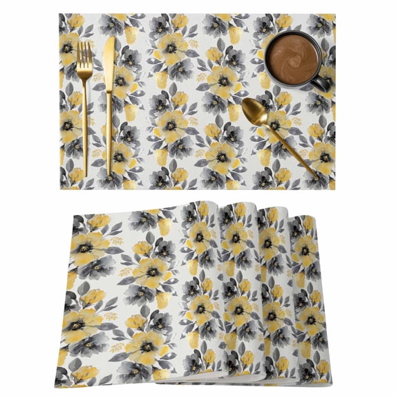 Yellow Floral Placemats Set of 6, Abstract Watercolor Flower Leaf Plant Placemats for Dining Table, Place Mats for Kitchen Tabletop, Waterproof Wipeable Dining Table Mats Set