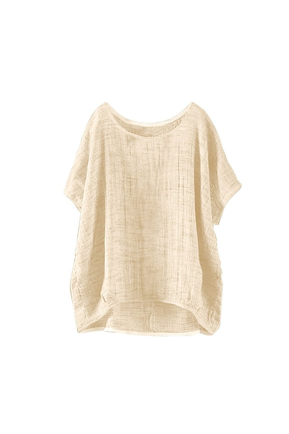 Yellow Floral Plus Size Tops, Linen Plus Size Blouse For Women, Plus Size Work Clothes, Women's Summer Short Sleeve Solid Casual Loose Linen Top