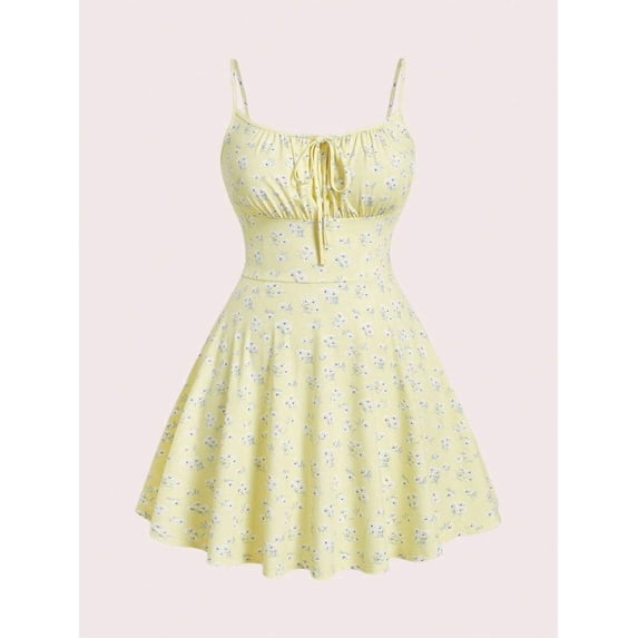 Yellow Floral Print Fit & Flare Mini Dress With Spaghetti Straps And Tie Front