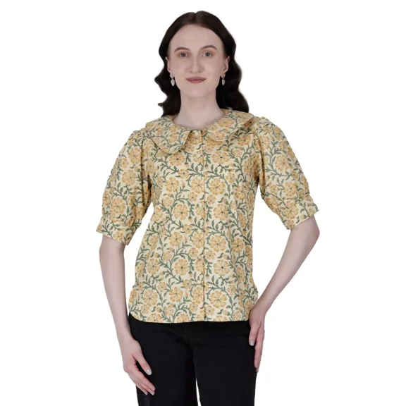 Yellow Floral Printed shirt women Top With Puff sleeves For summer 100% Cotton
