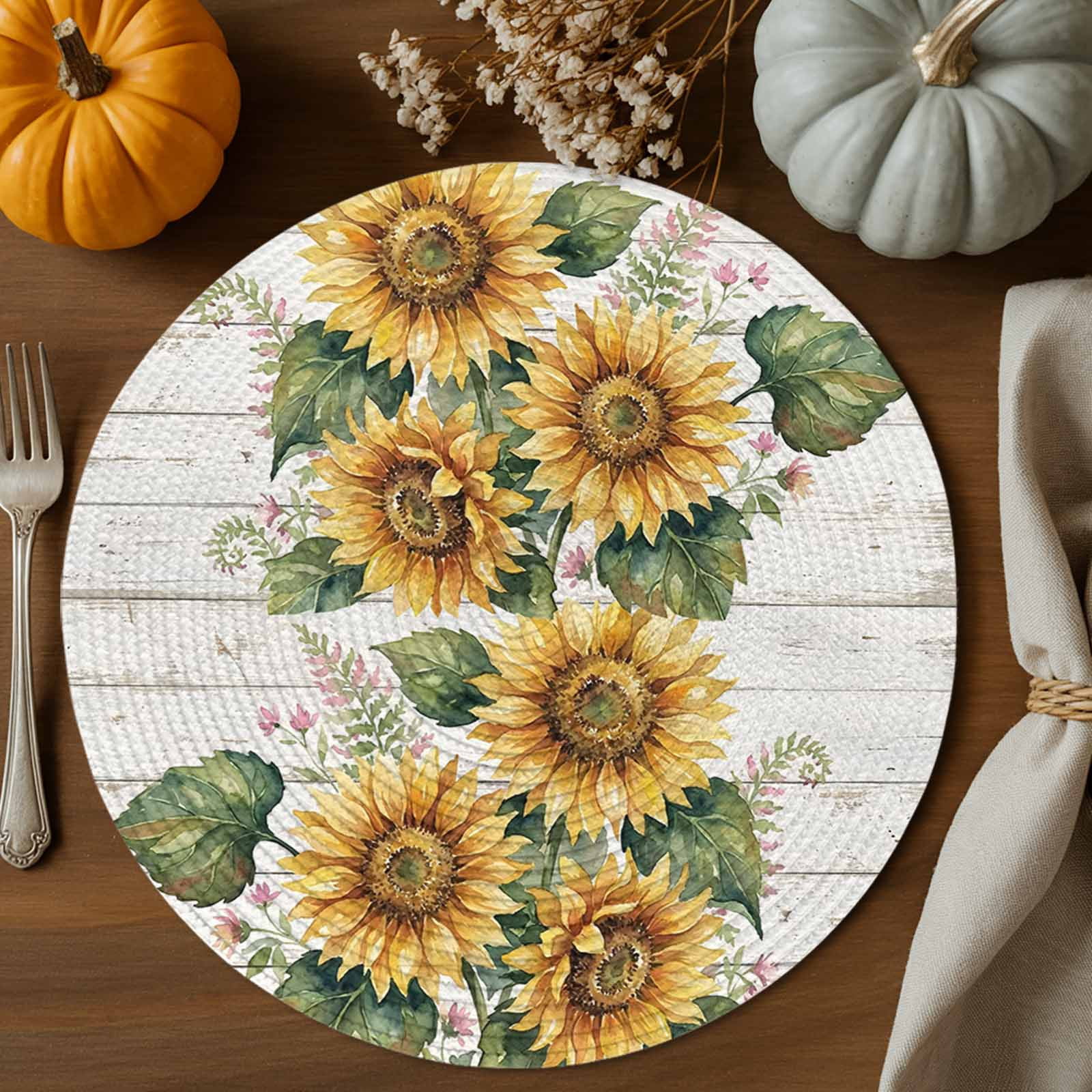 Round Rusty Table Yellow Floral Round Braided Placemats 13