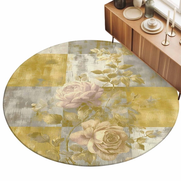 Yellow Floral Round Rug 4ft Luxurious Gold White Floral Patchwork Plaid Washable Area Rugs for Living Room Bedroom Entryway Non Slip Entrance Door Mat Indoor Floor Carpet